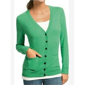 CAbi Heather Green Blue Button Down Cardigan Pockets Ribbed Cuffs Hem Size L